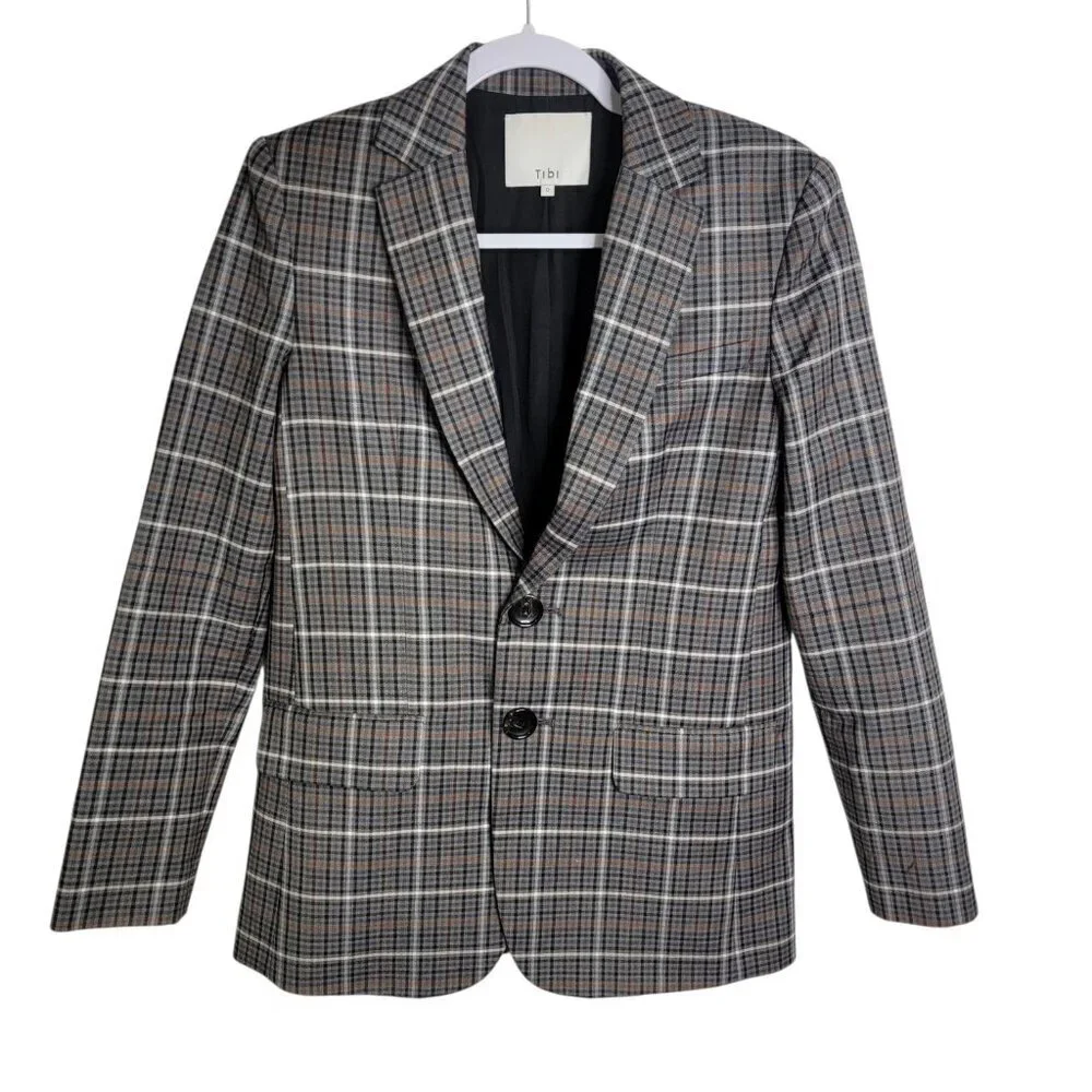 Tibi Blazer Womens 0 Gabe Check Cutout Menwear Wool Oversized Career Workwear - Picture 3 of 14